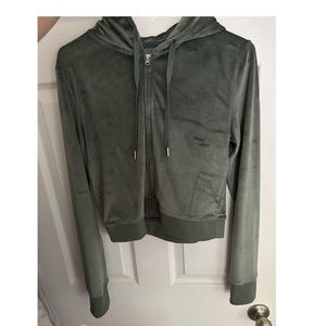 sage green velvet zip up cropped.